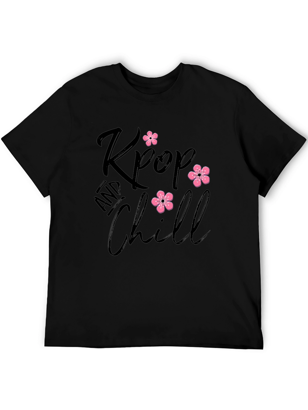 Kpop and Chill Black T-Shirt with Floral Accent