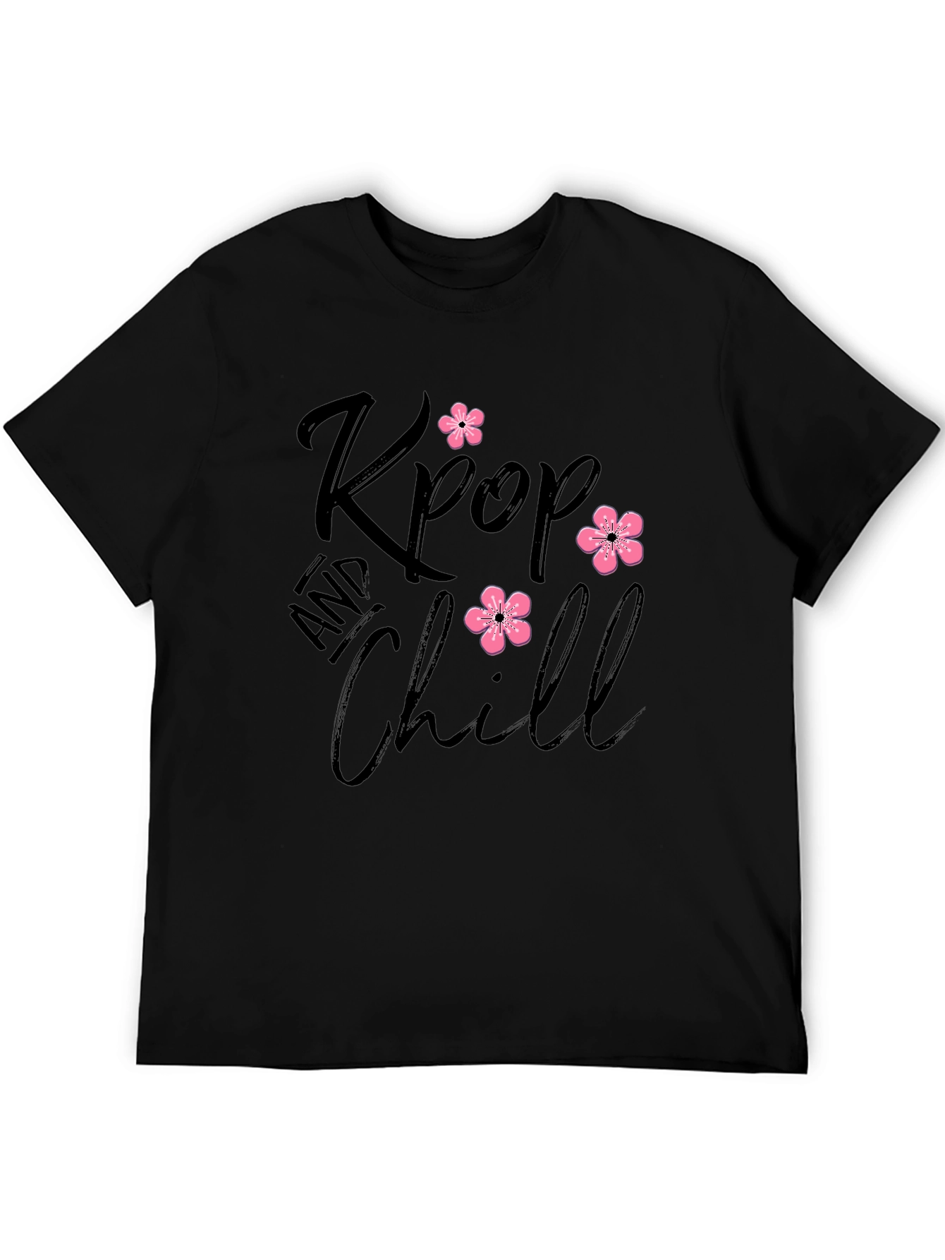 Kpop and Chill Black T-Shirt with Floral Accent