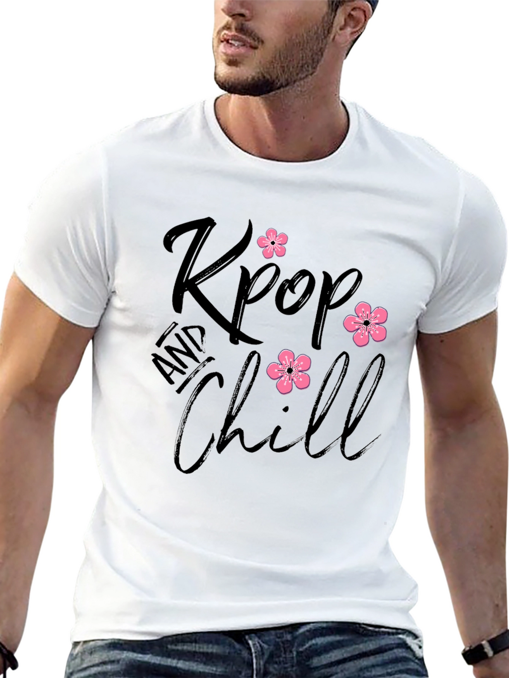 Kpop and Chill Black T-Shirt with Floral Accent