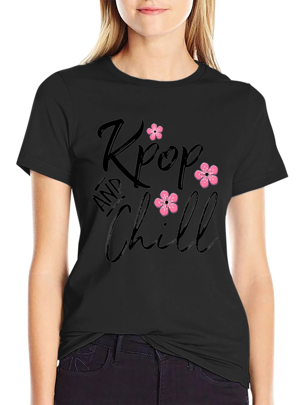 Kpop and Chill Black T-Shirt with Floral Accent