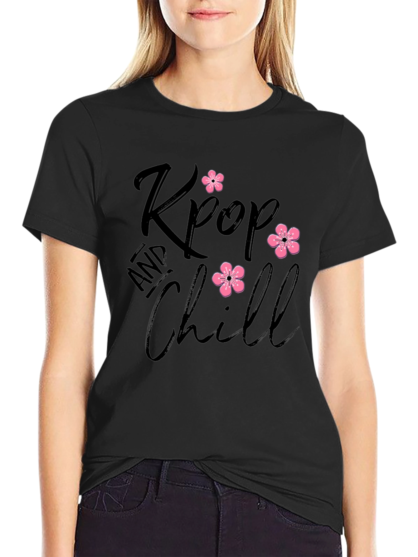 Kpop and Chill Black T-Shirt with Floral Accent