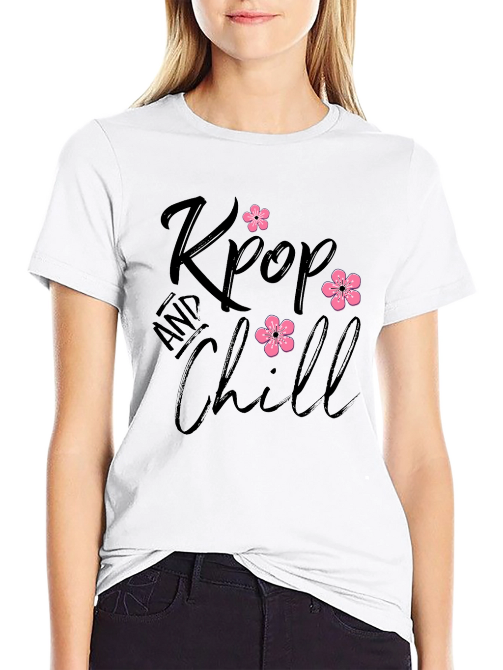 Kpop and Chill Black T-Shirt with Floral Accent