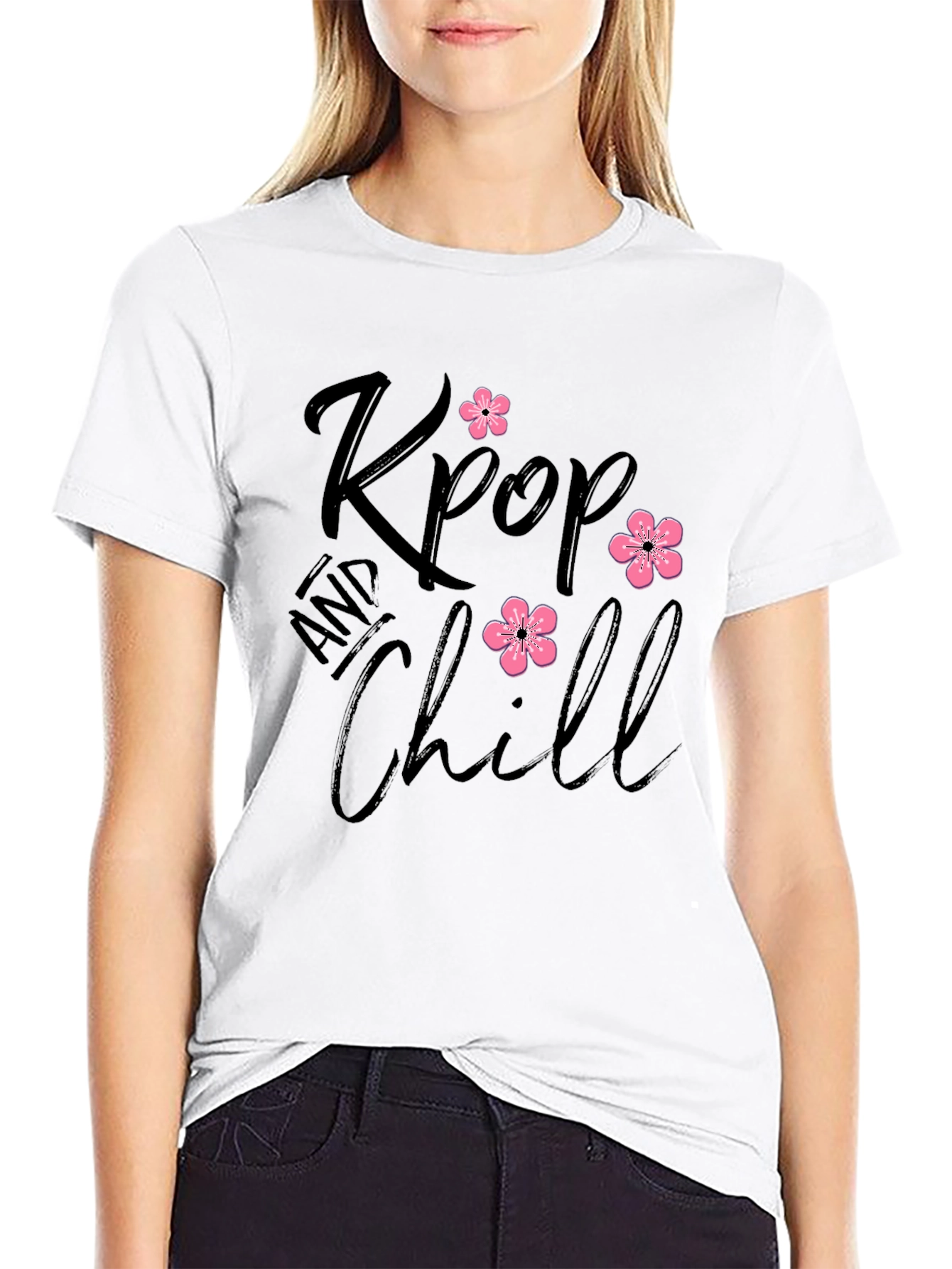Kpop and Chill Black T-Shirt with Floral Accent