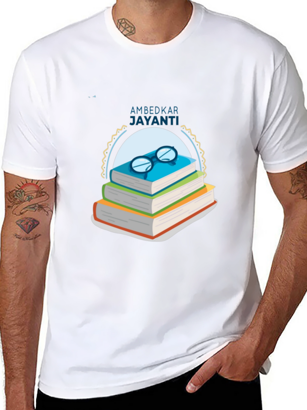 Ambedkar Jayanti T-Shirt: Stacked Books & Glasses Design