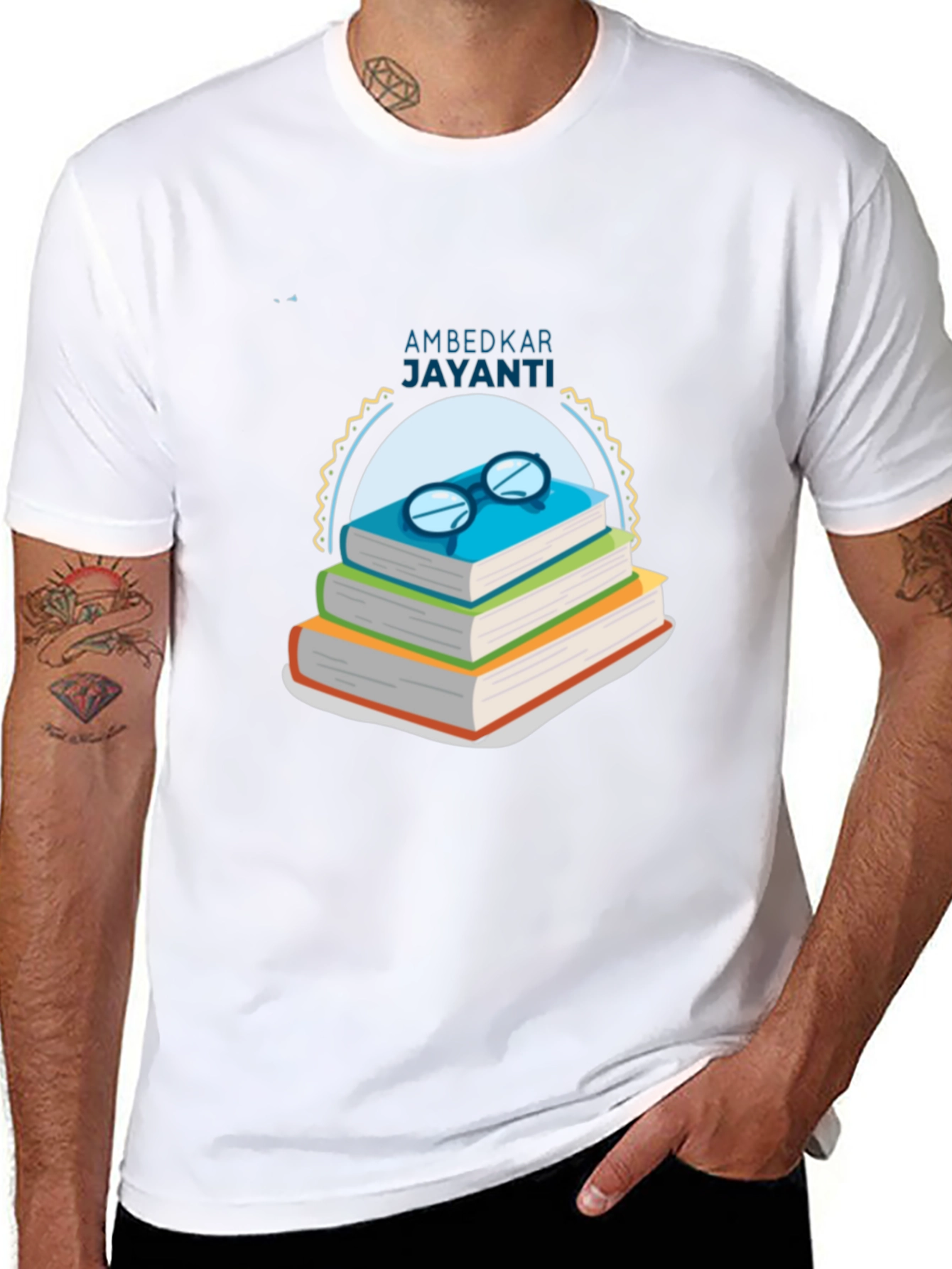 Ambedkar Jayanti T-Shirt: Stacked Books & Glasses Design