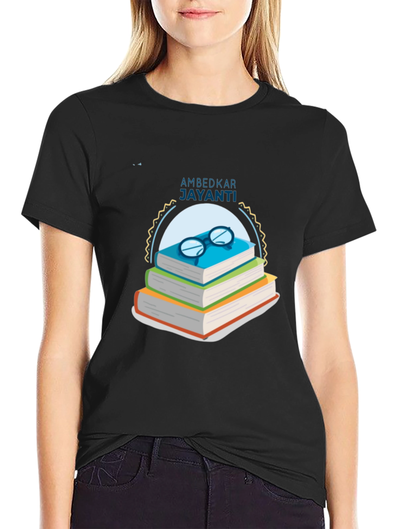 Ambedkar Jayanti T-Shirt: Stacked Books & Glasses Design