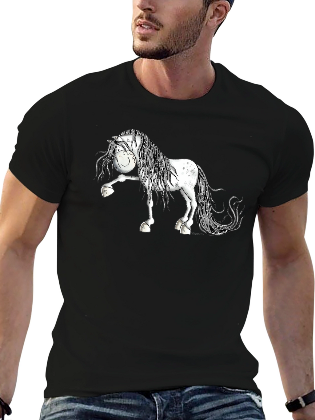 Cartoon Horse T-Shirt - Black Cotton Tee