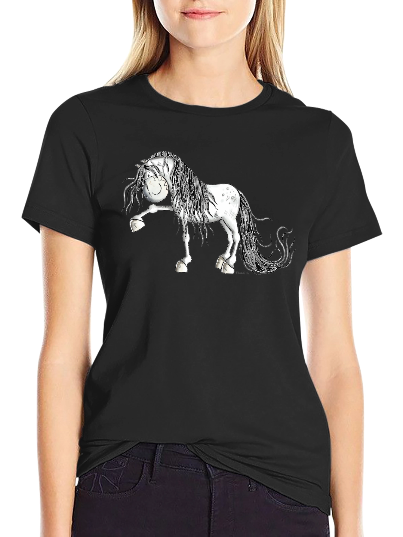 Cartoon Horse T-Shirt - Black Cotton Tee