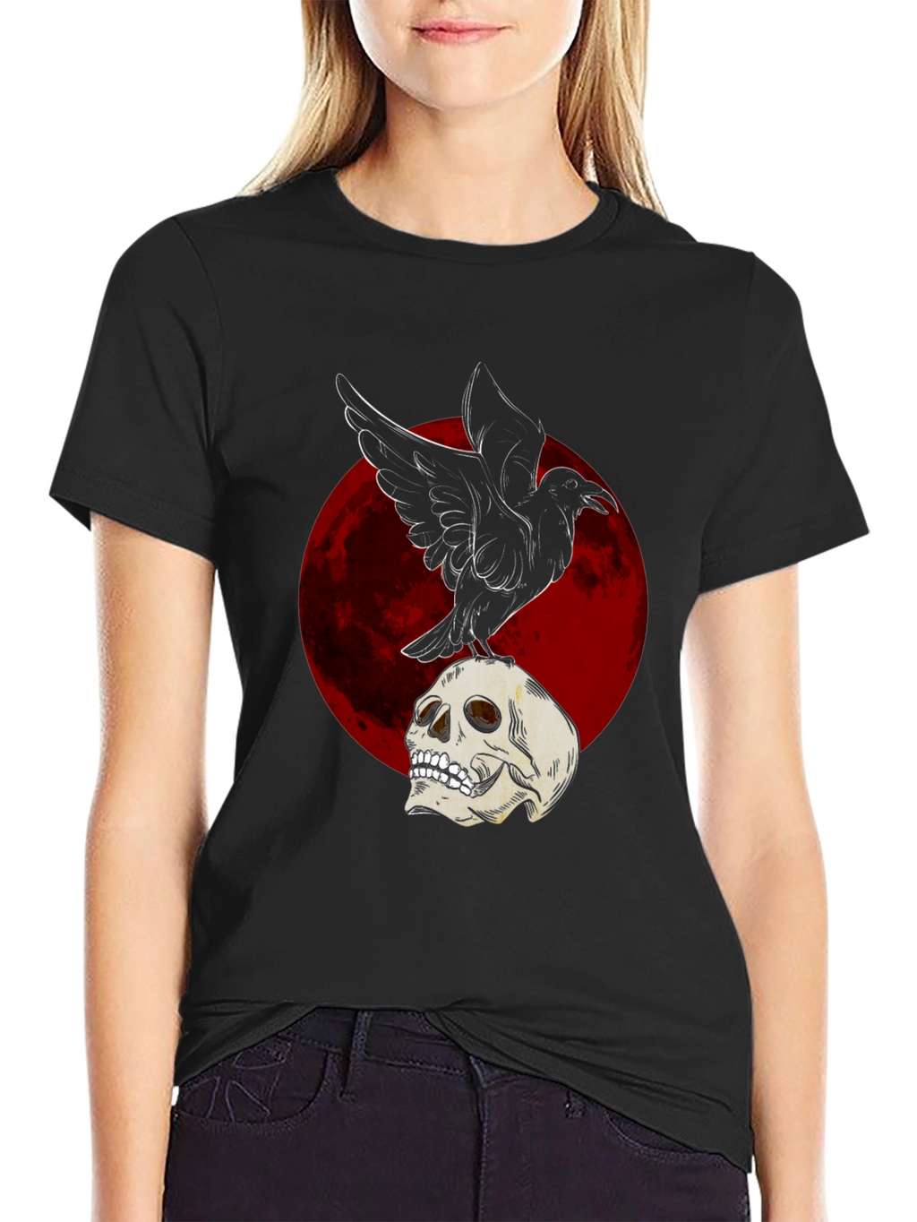 Raven on Skull T-Shirt - Dark Gothic Design