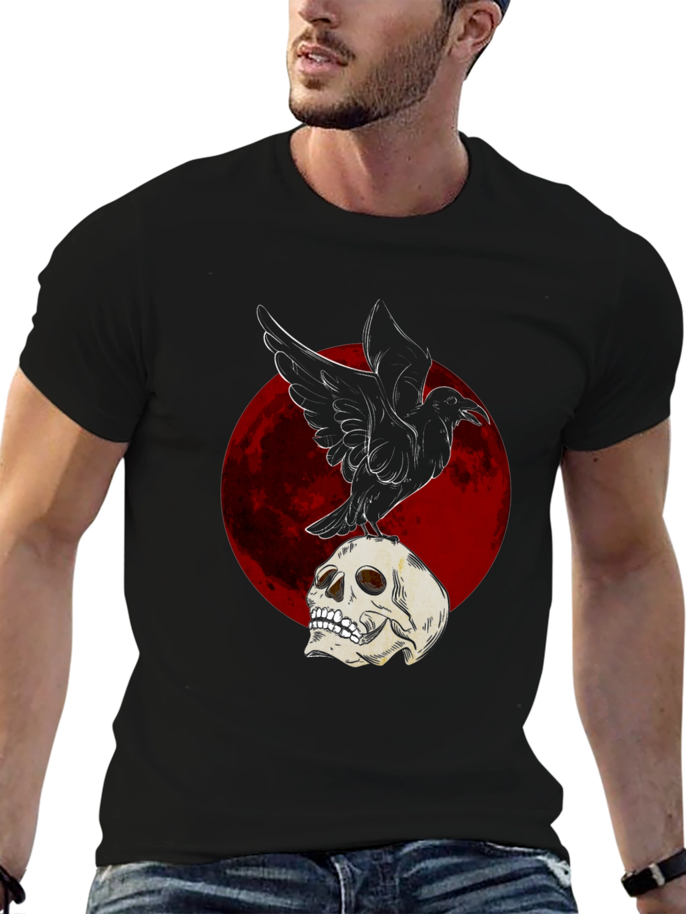 Raven on Skull T-Shirt - Dark Gothic Design