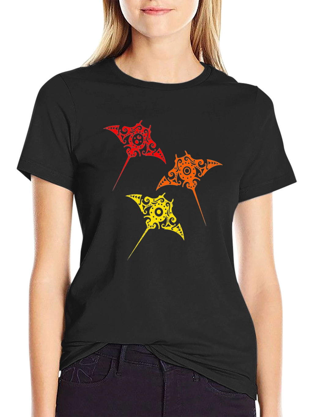 Tribal Stingray Graphic Print Black T-Shirt