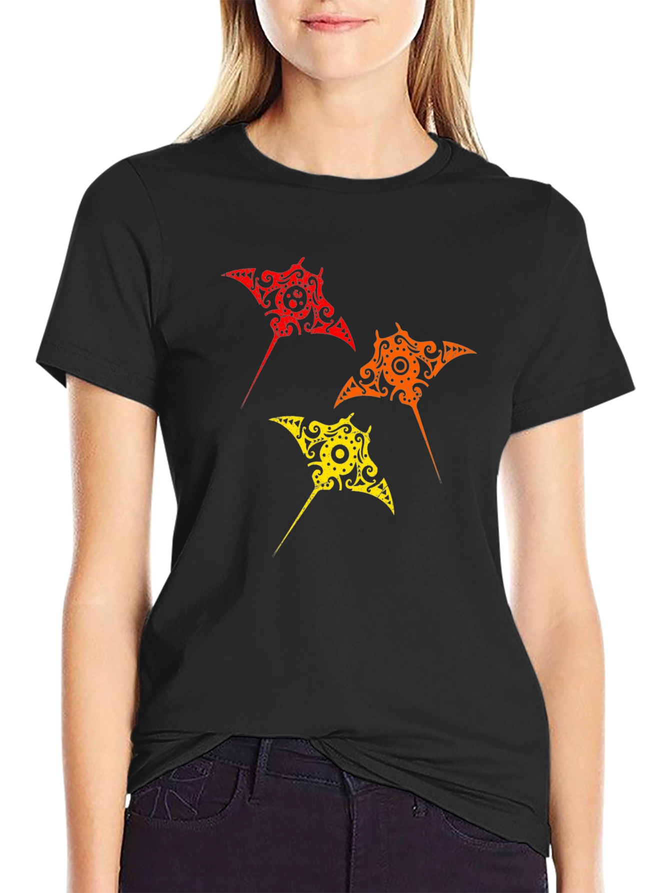 Tribal Stingray Graphic Print Black T-Shirt