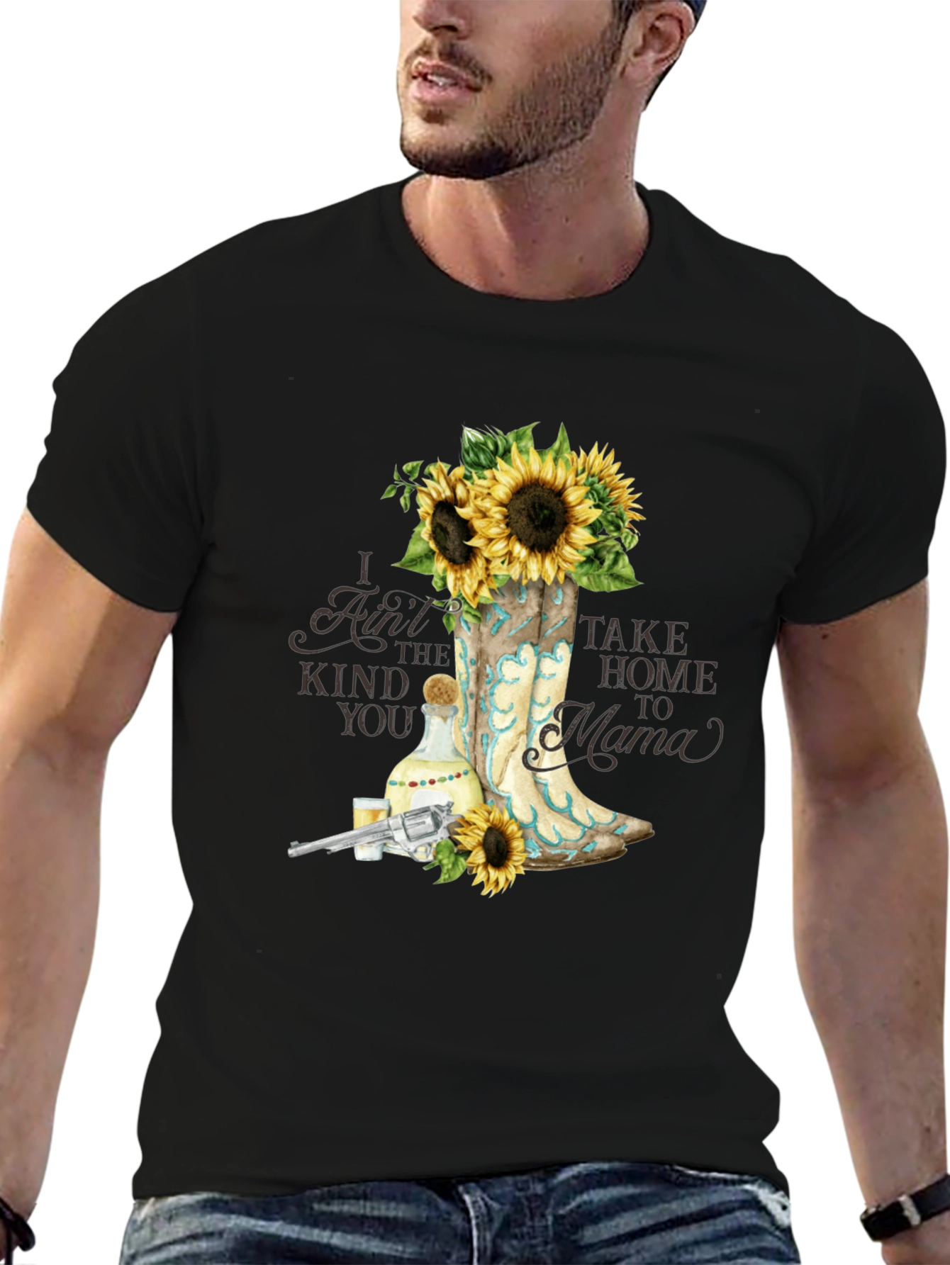 Country Style T-Shirt with Boots & Sunflowers