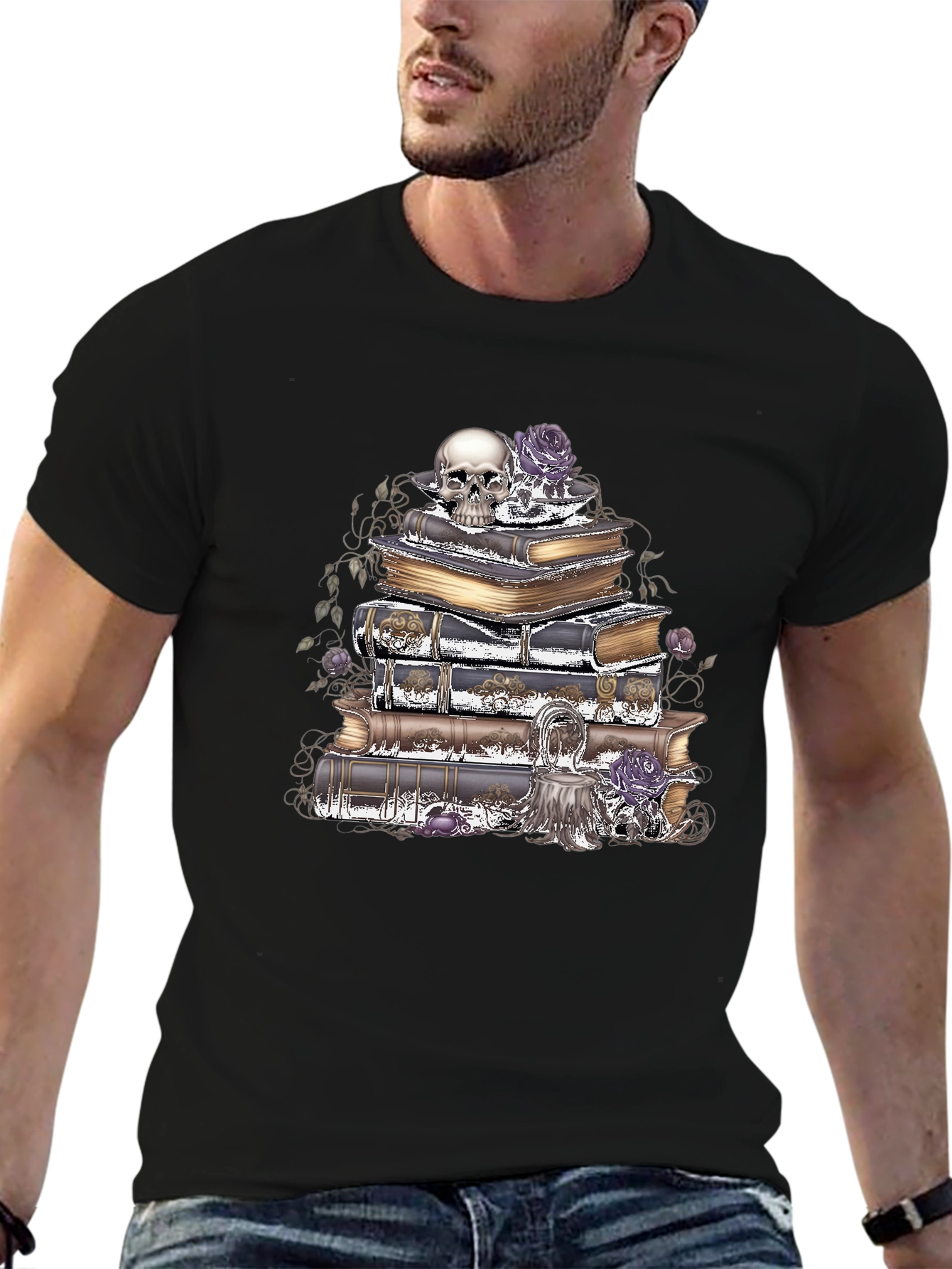 Skull & Books Graphic T-Shirt - Gothic Style