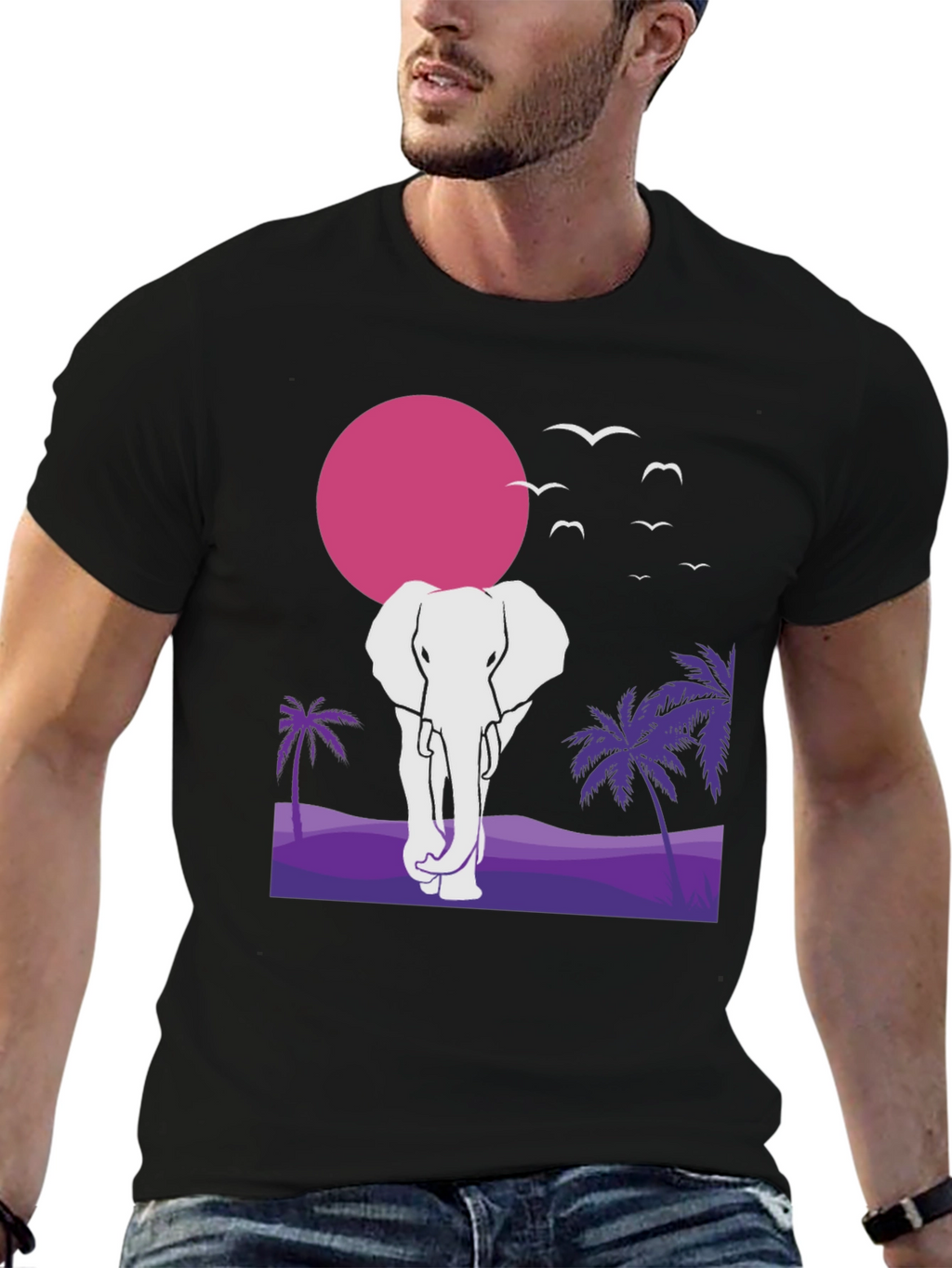 Elephant Sunset Graphic T-Shirt - Unisex Black Tee
