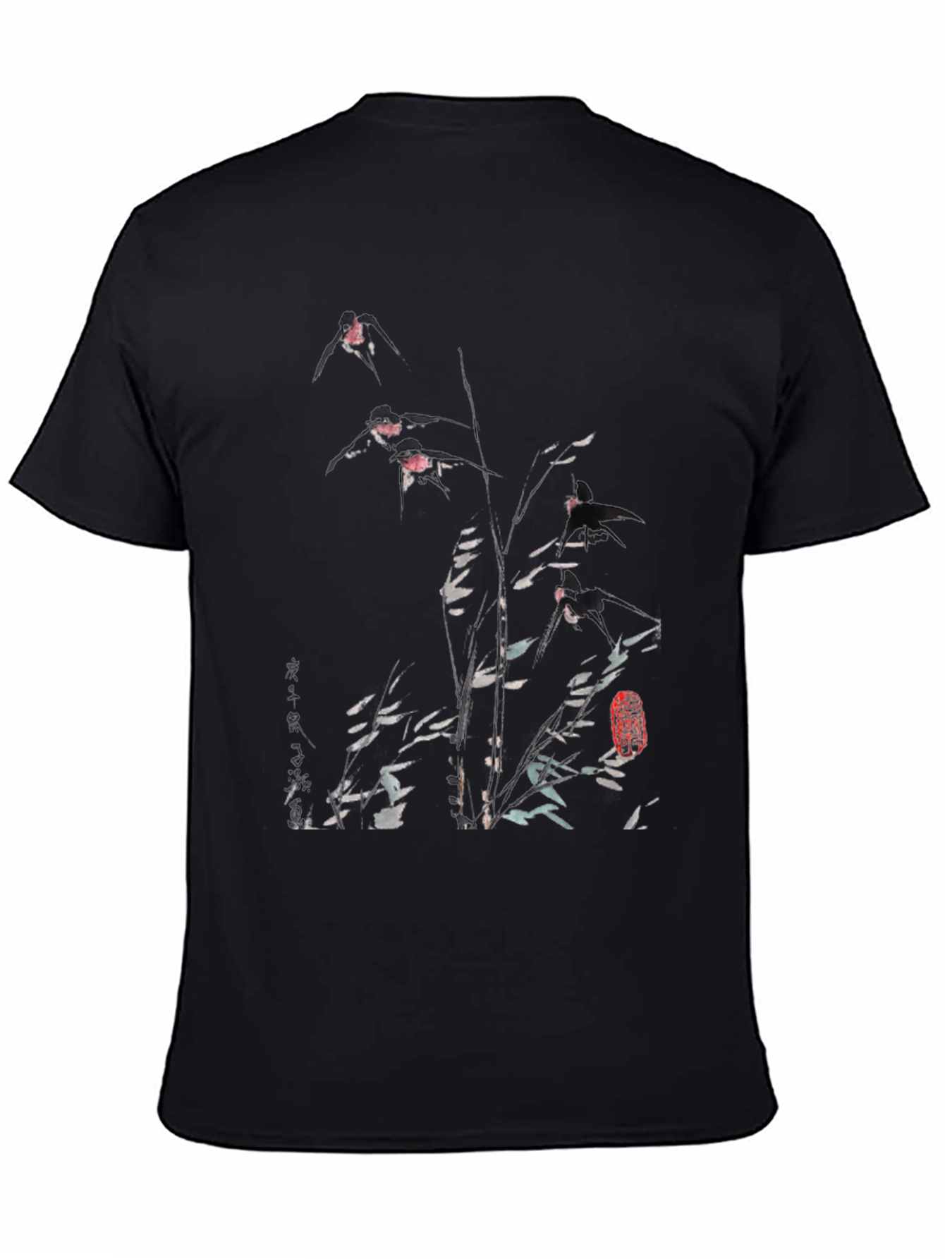 Mens Black Tee with Floral & Bird Ink Print