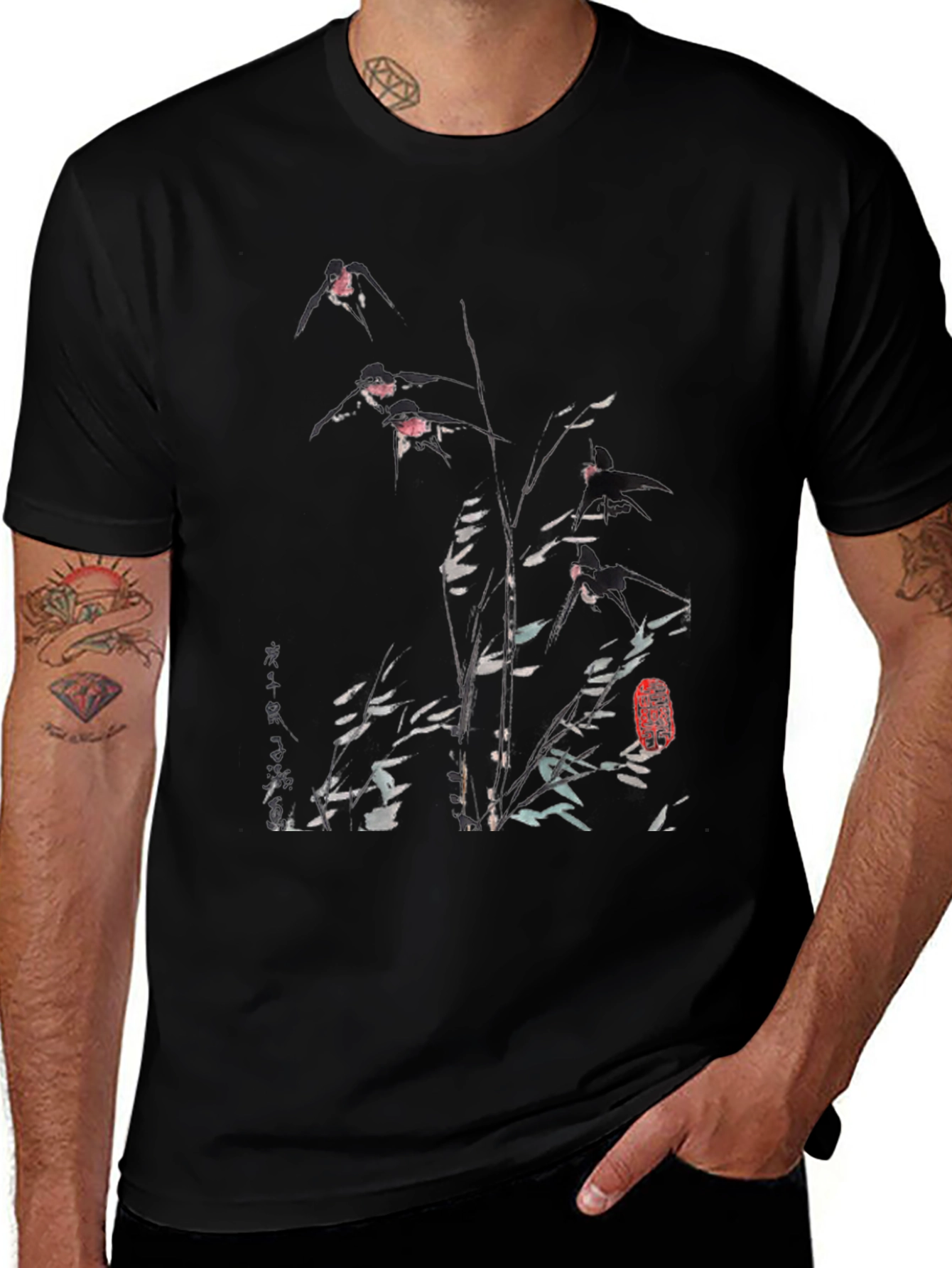Mens Black Tee with Floral & Bird Ink Print