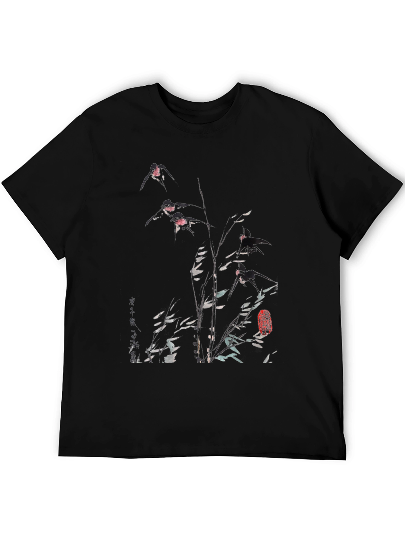 Mens Black Tee with Floral & Bird Ink Print