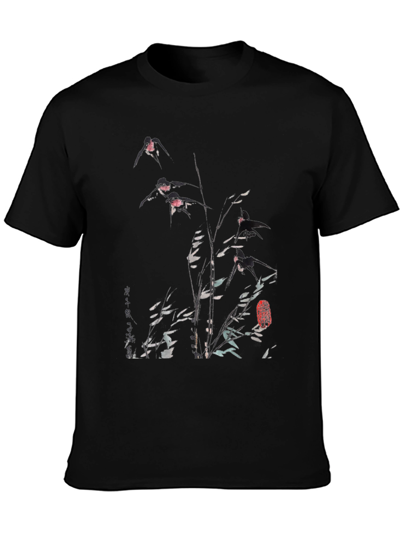 Mens Black Tee with Floral & Bird Ink Print