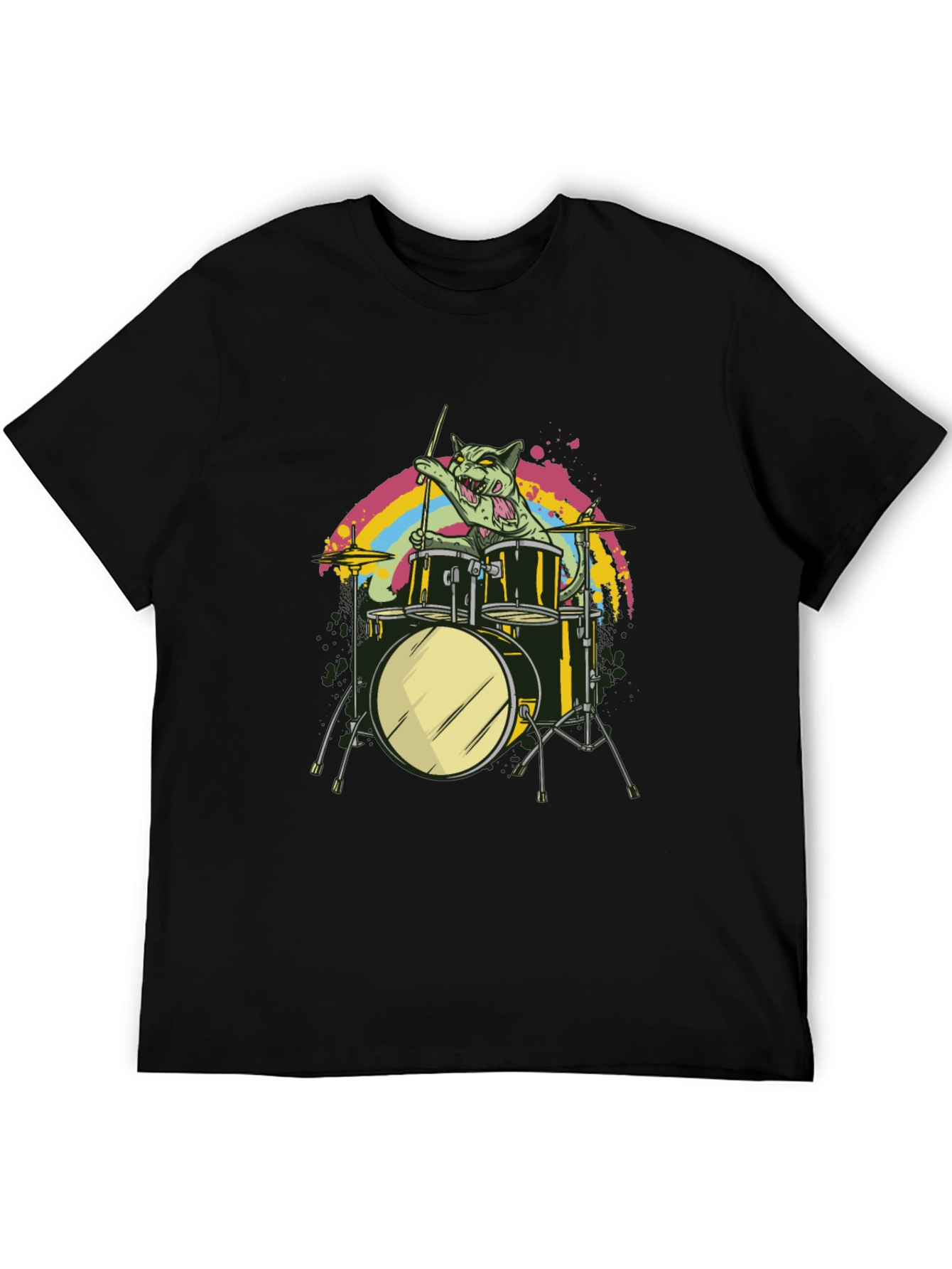 Cat Drummer Black T-Shirt - Rock Out!