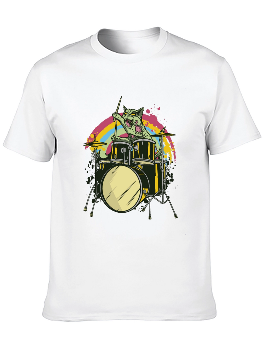 Cat Drummer Black T-Shirt - Rock Out!
