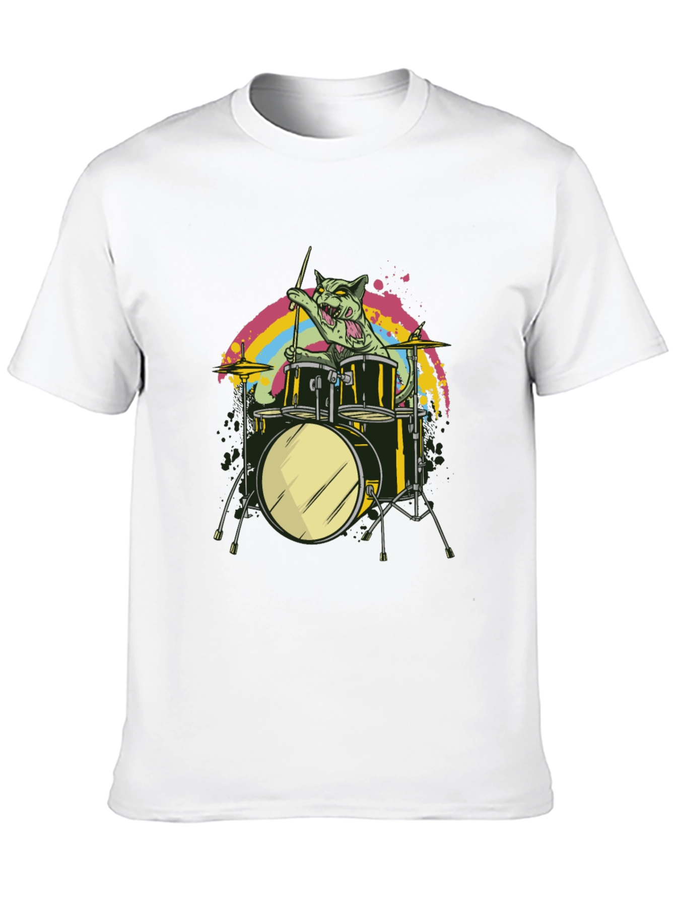 Cat Drummer Black T-Shirt - Rock Out!