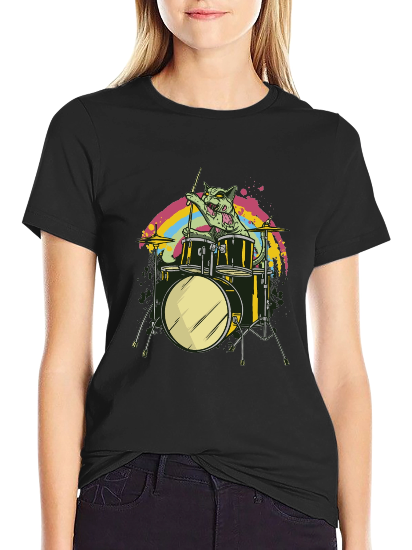 Cat Drummer Black T-Shirt - Rock Out!