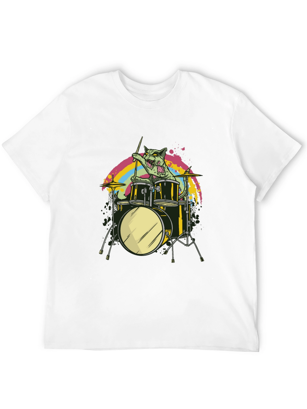 Cat Drummer Black T-Shirt - Rock Out!