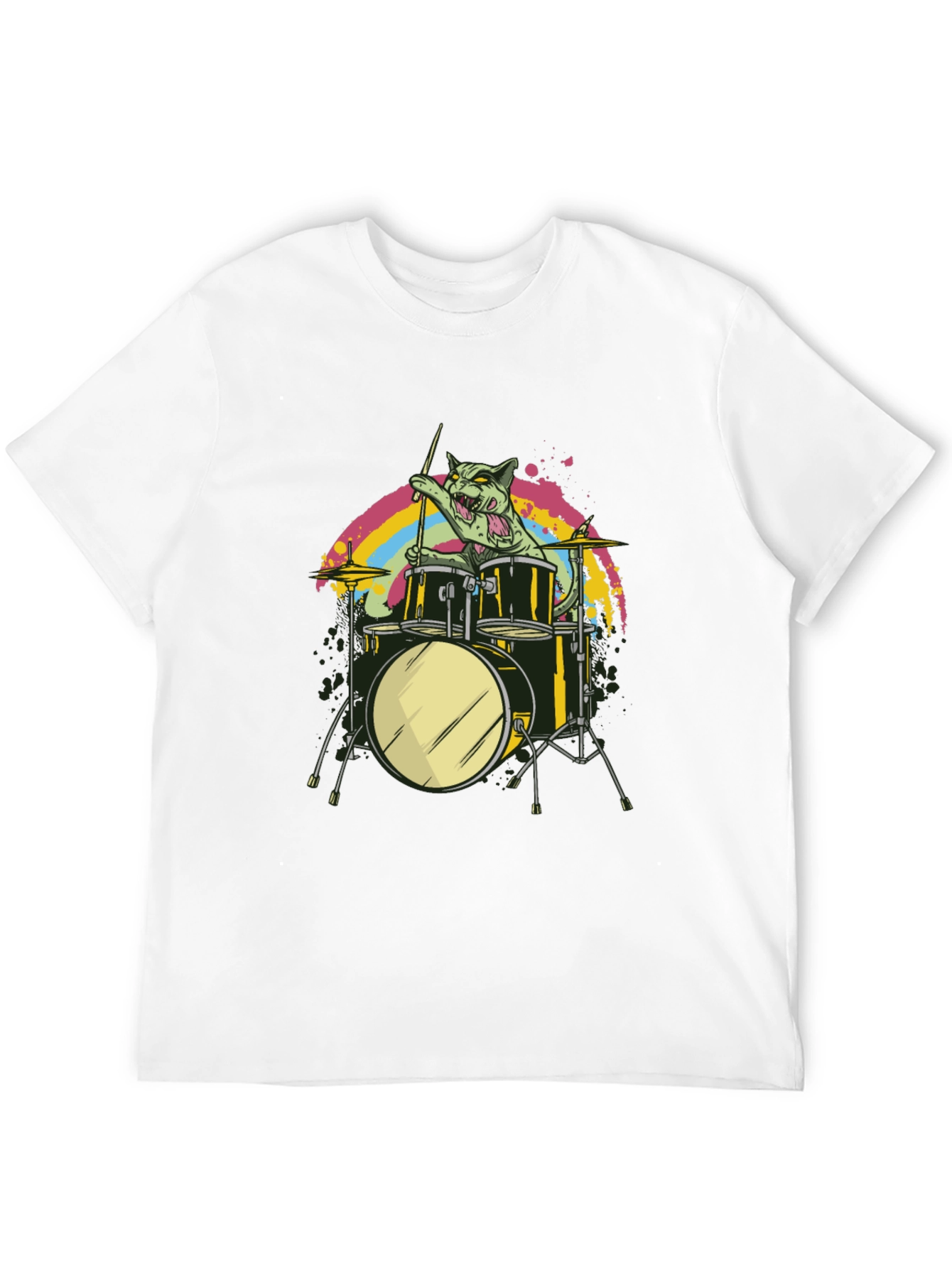 Cat Drummer Black T-Shirt - Rock Out!
