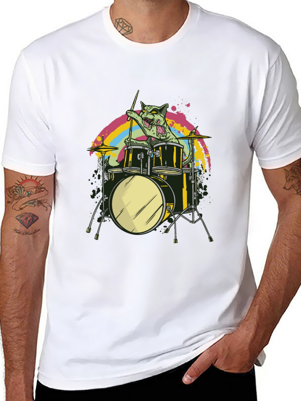 Cat Drummer Black T-Shirt - Rock Out!