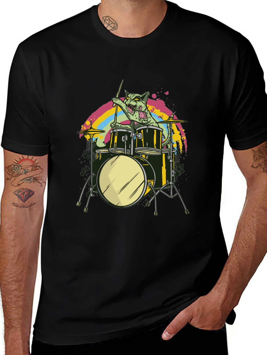 Cat Drummer Black T-Shirt - Rock Out!