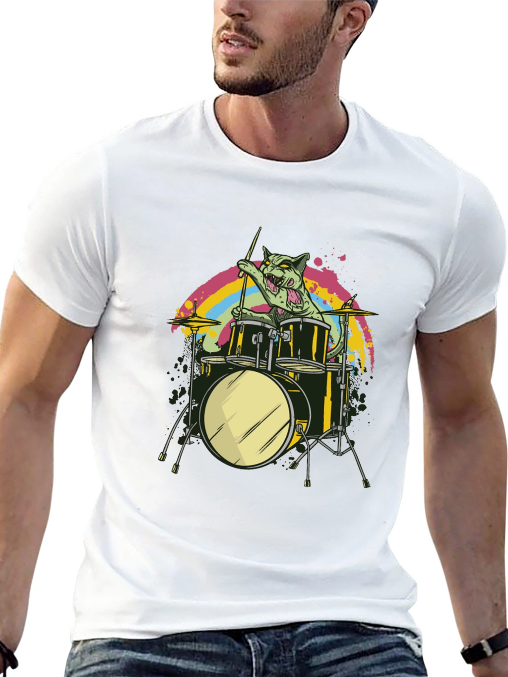 Cat Drummer Black T-Shirt - Rock Out!