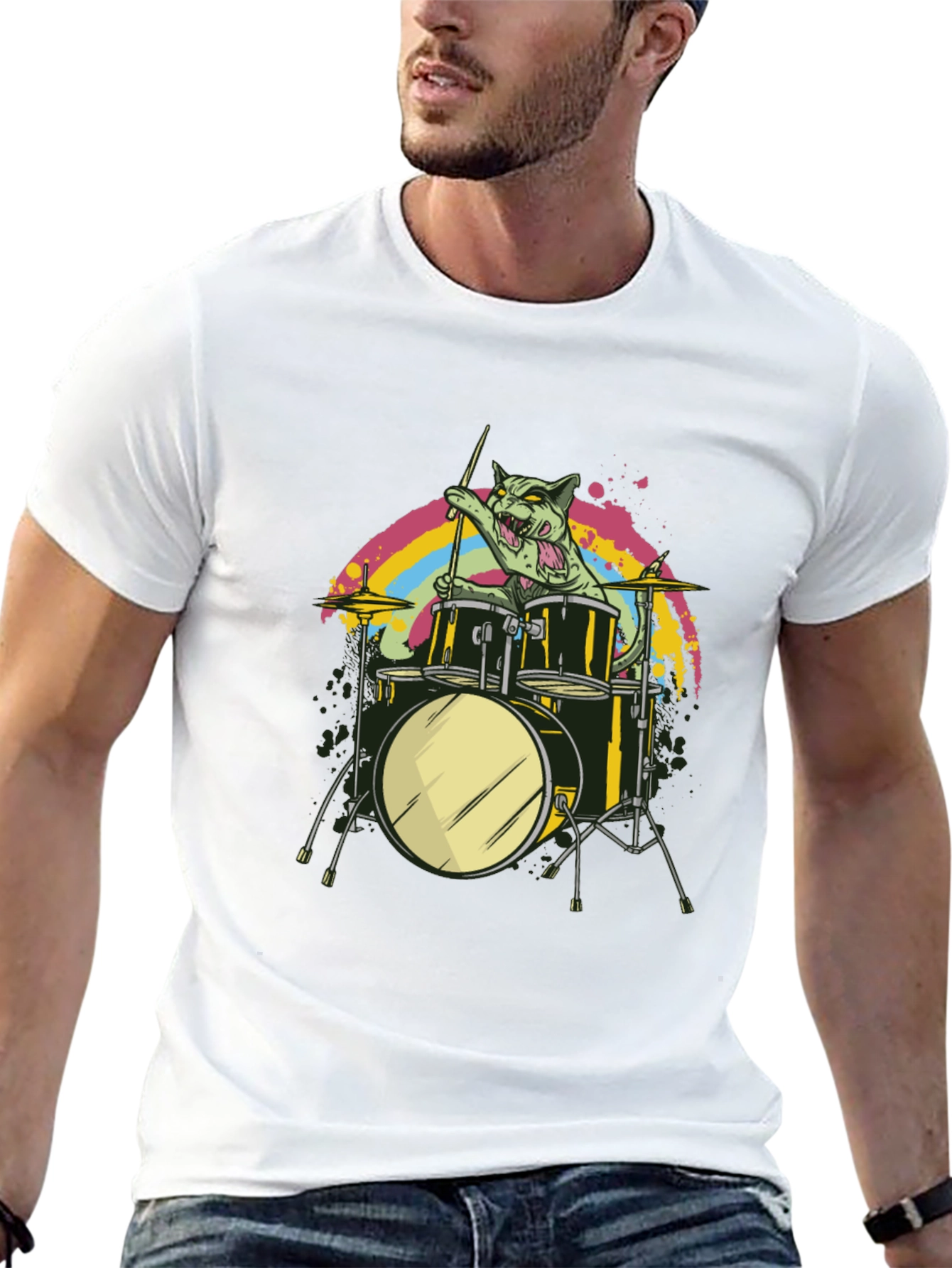 Cat Drummer Black T-Shirt - Rock Out!