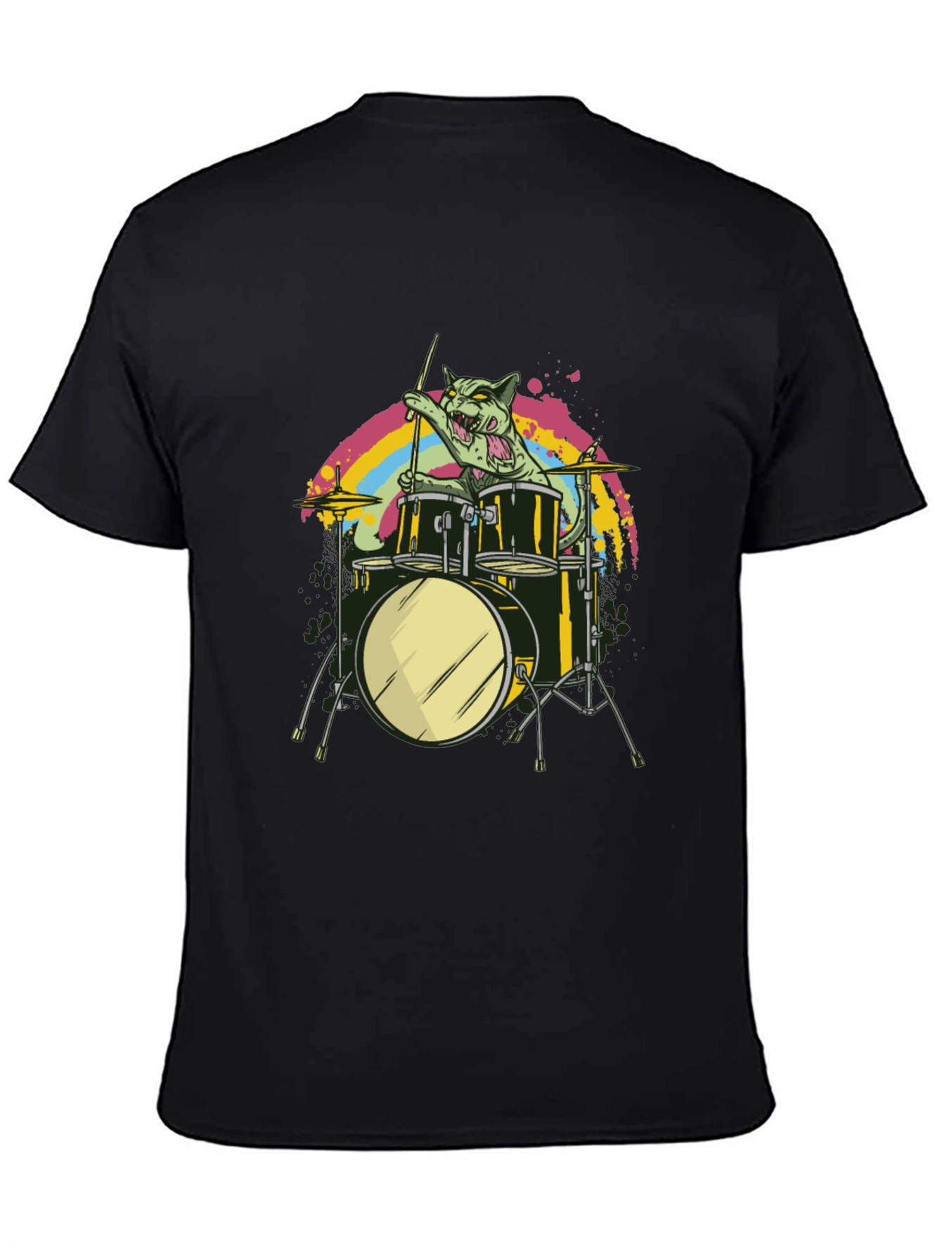 Cat Drummer Black T-Shirt - Rock Out!