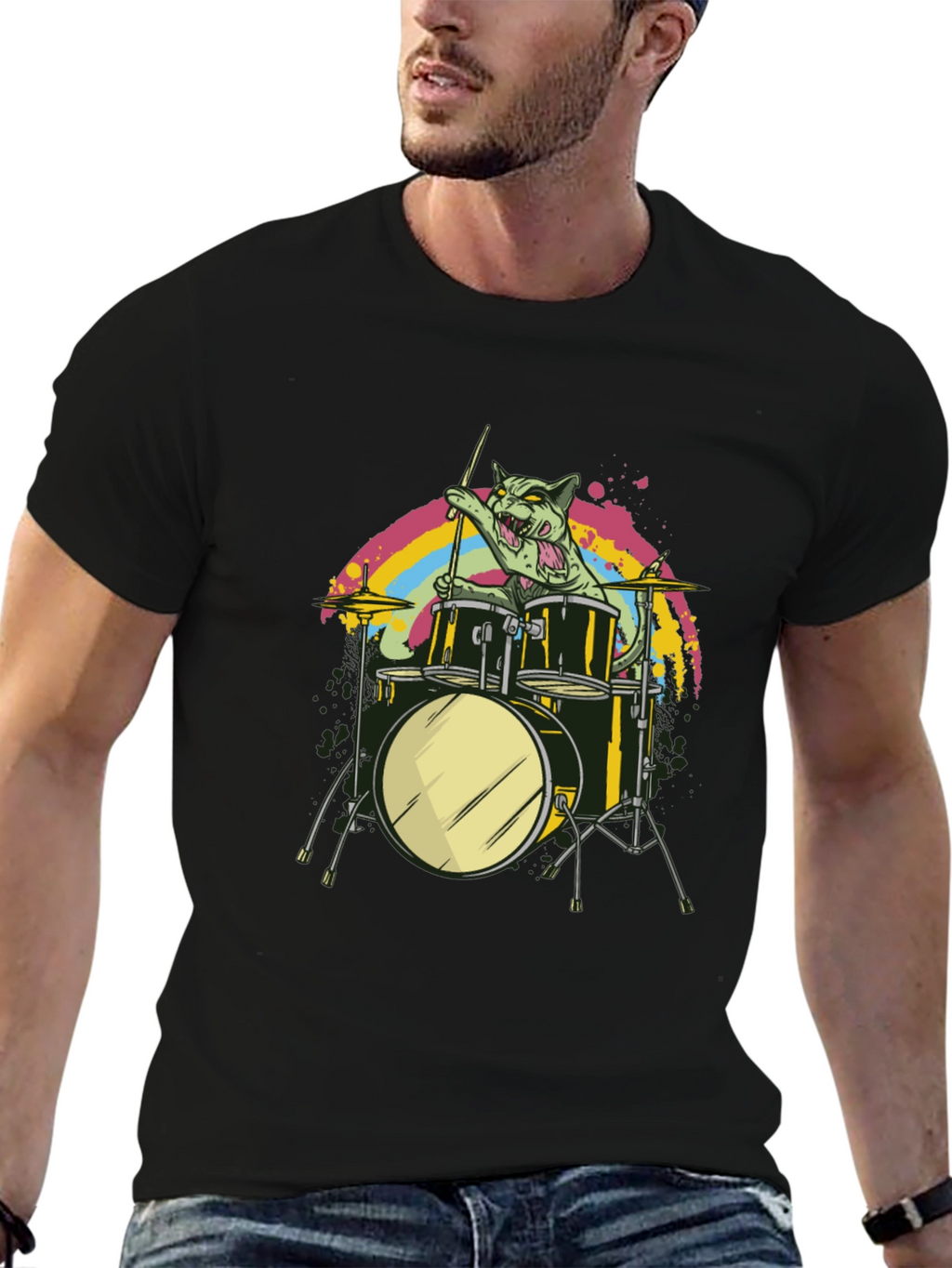 Cat Drummer Black T-Shirt - Rock Out!