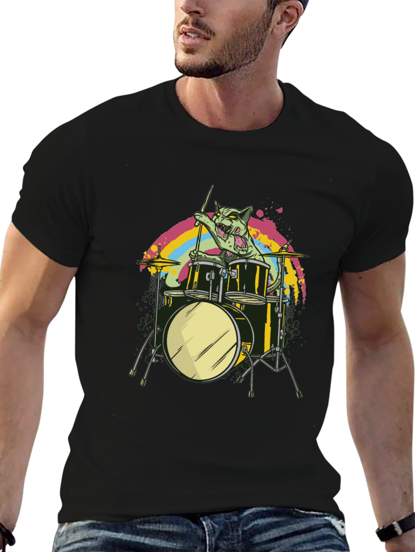 Cat Drummer Black T-Shirt - Rock Out!