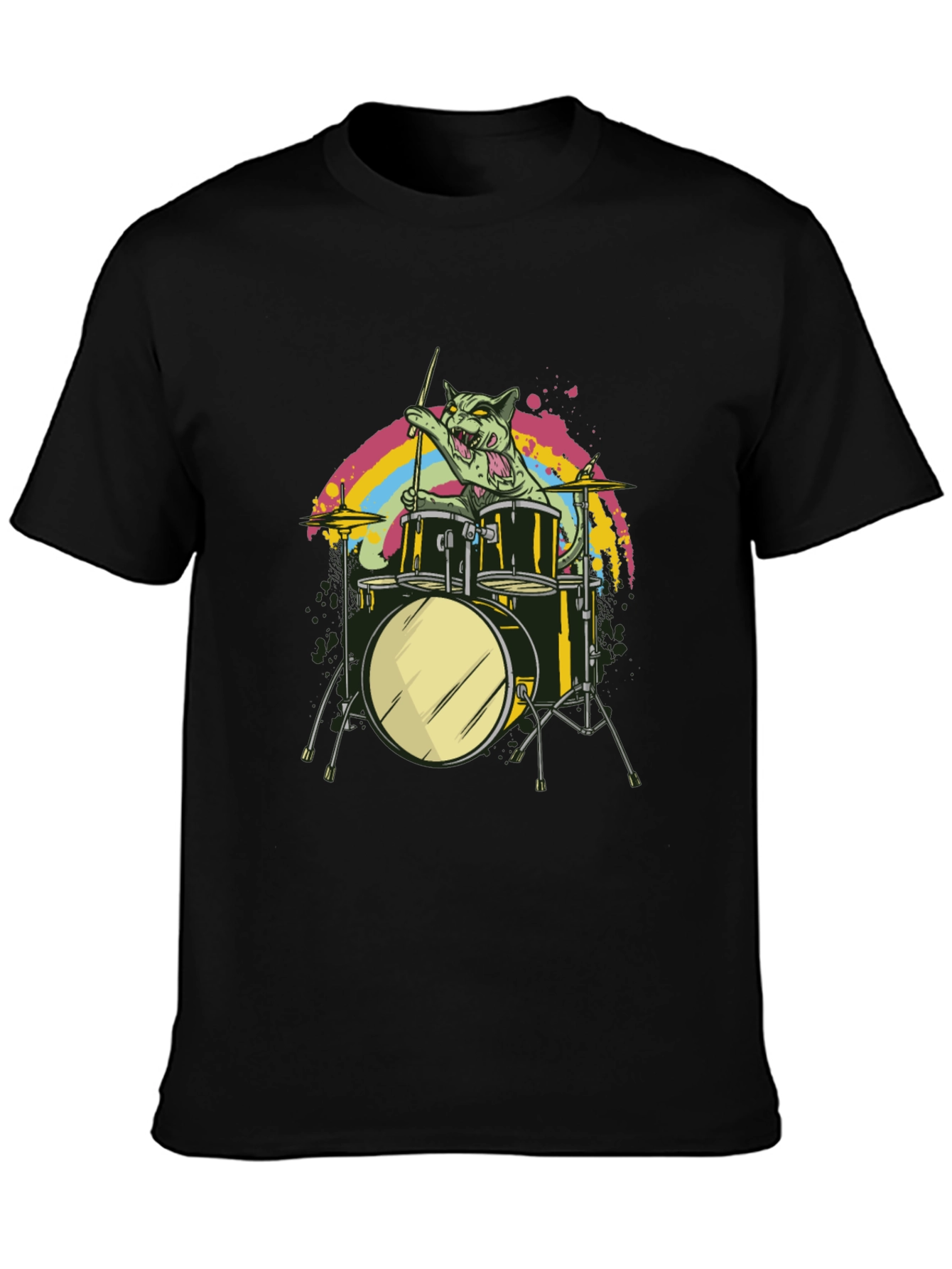 Cat Drummer Black T-Shirt - Rock Out!