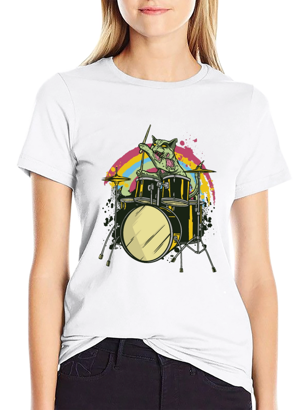 Cat Drummer Black T-Shirt - Rock Out!