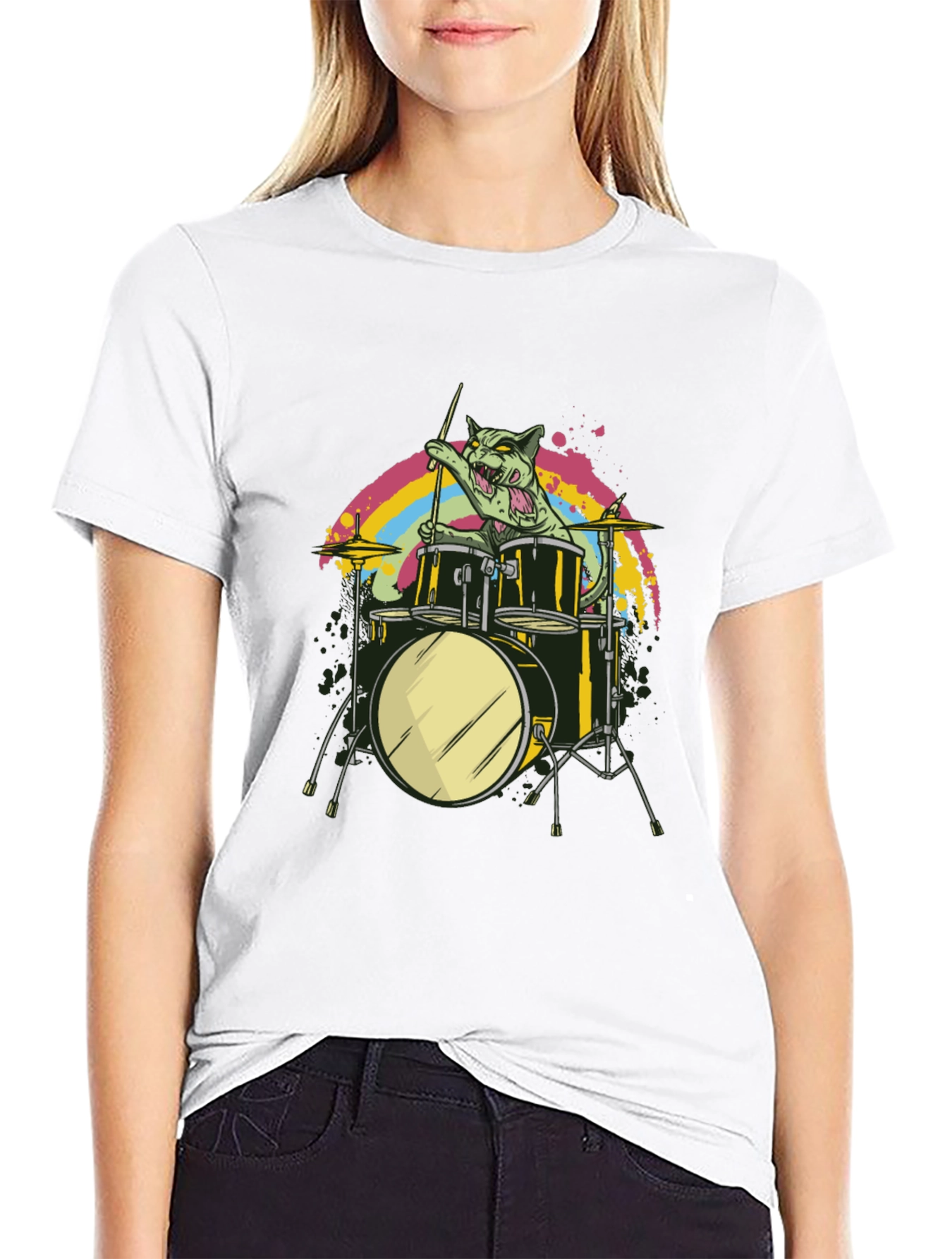 Cat Drummer Black T-Shirt - Rock Out!