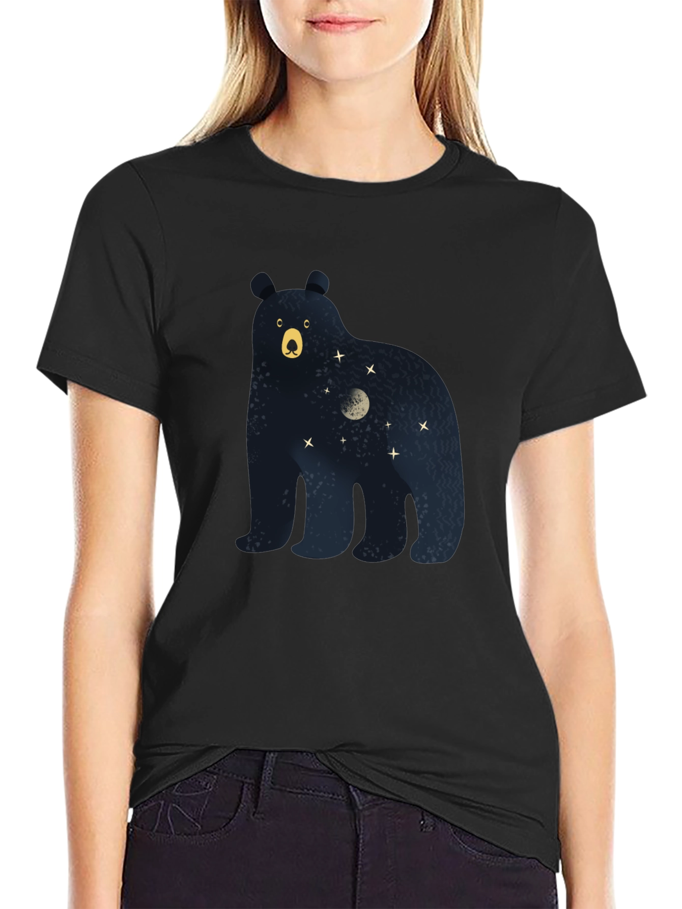 Bear Moon Stars Graphic Print Tee - Black