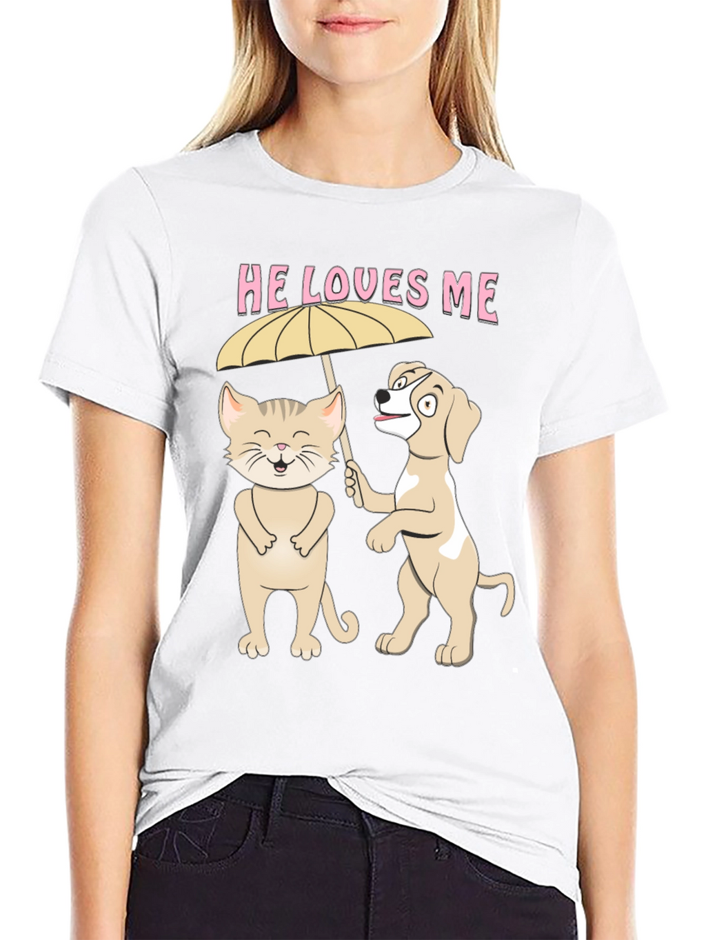 He Loves Me Graphic Tee: Cat and Dog Umbrella