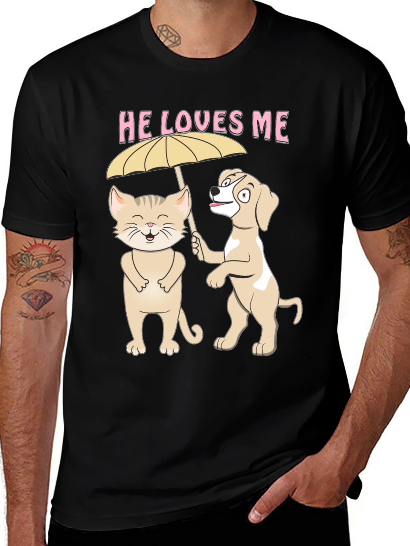 He Loves Me Graphic Tee: Cat and Dog Umbrella