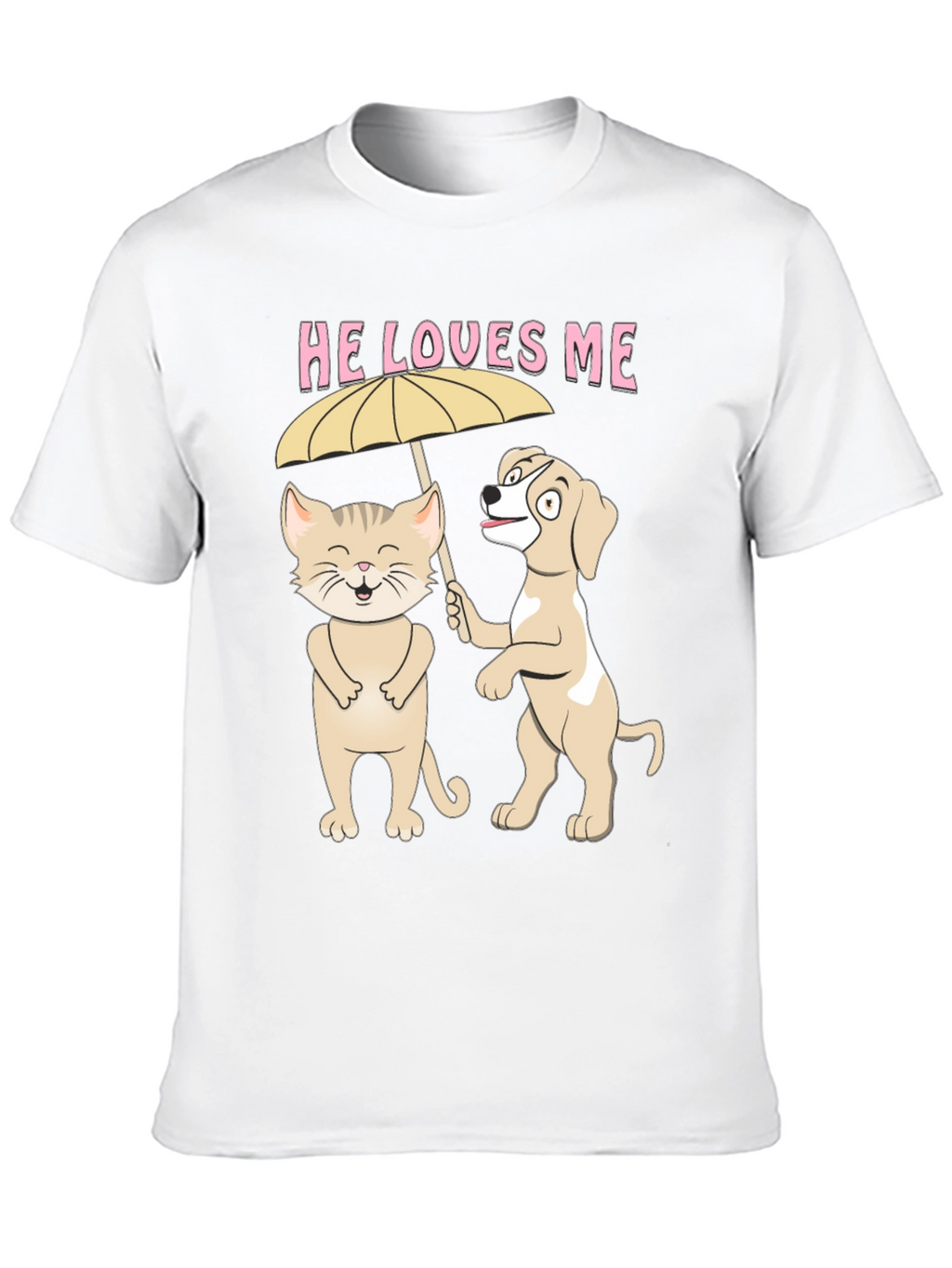 He Loves Me Graphic Tee: Cat and Dog Umbrella