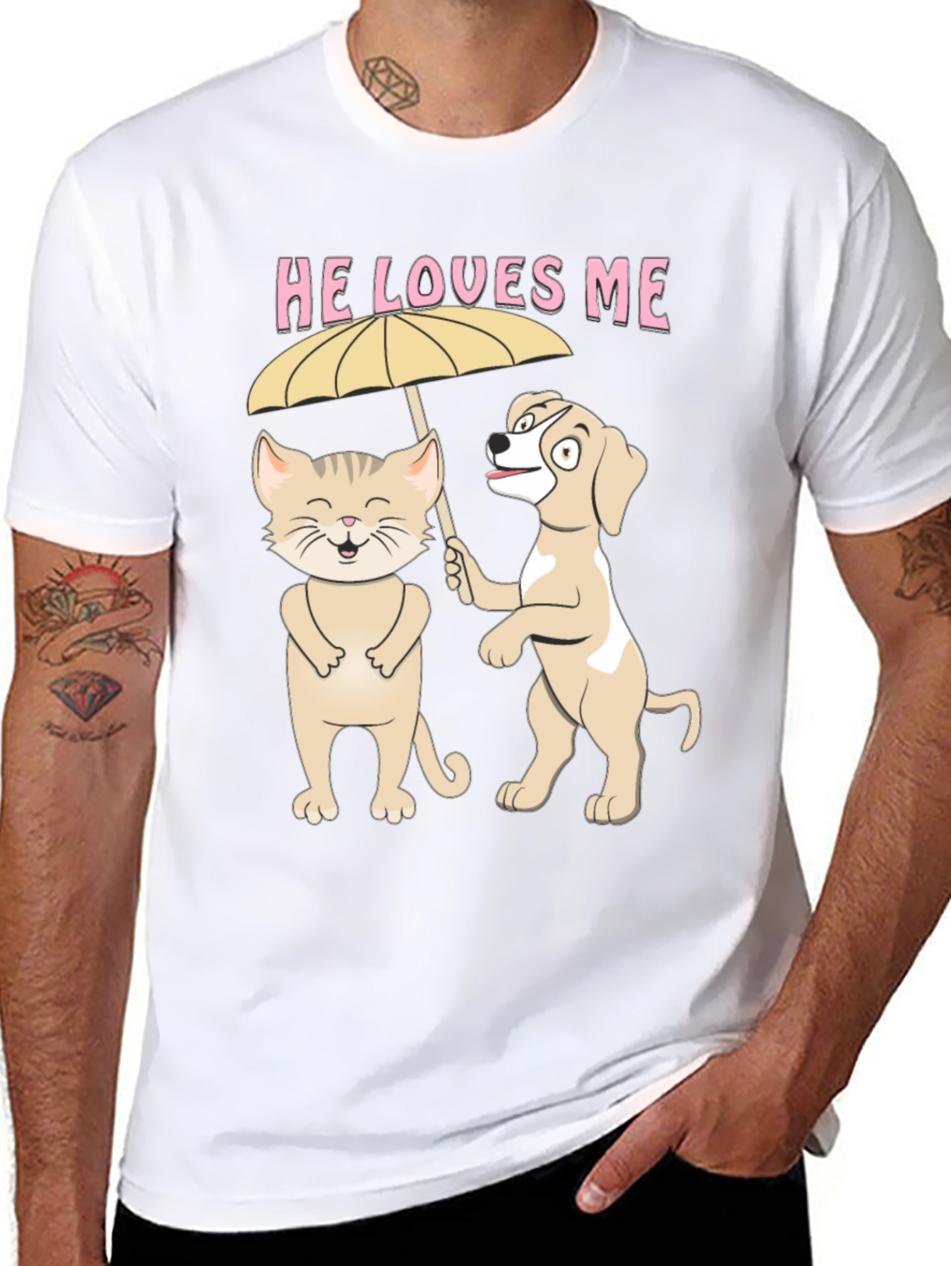 He Loves Me Graphic Tee: Cat and Dog Umbrella