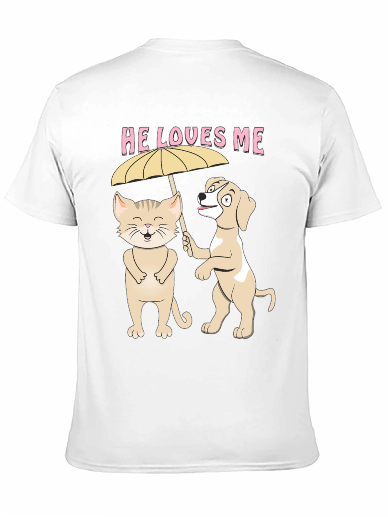 He Loves Me Graphic Tee: Cat and Dog Umbrella
