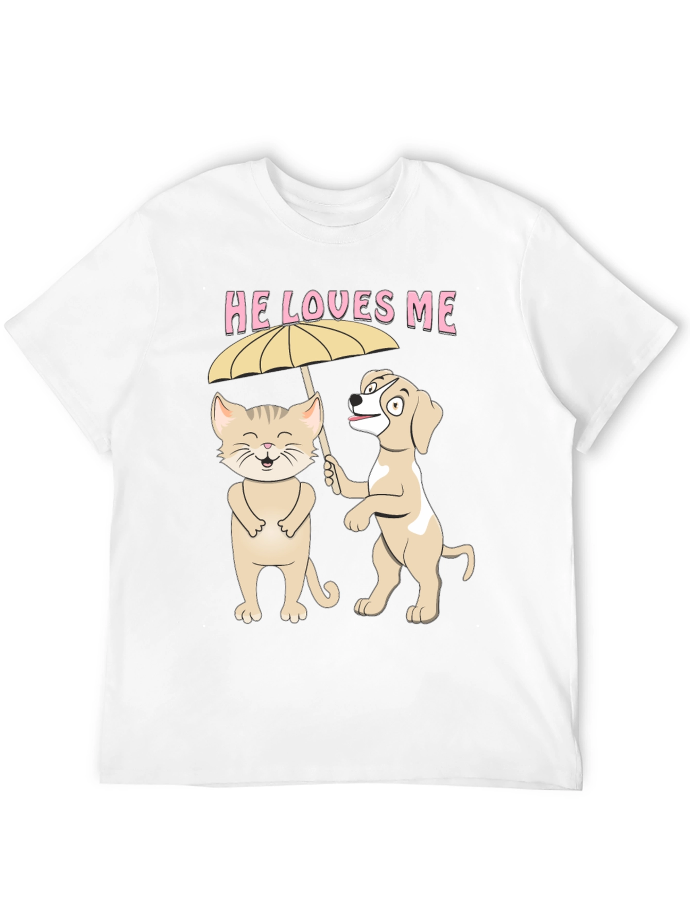 He Loves Me Graphic Tee: Cat and Dog Umbrella