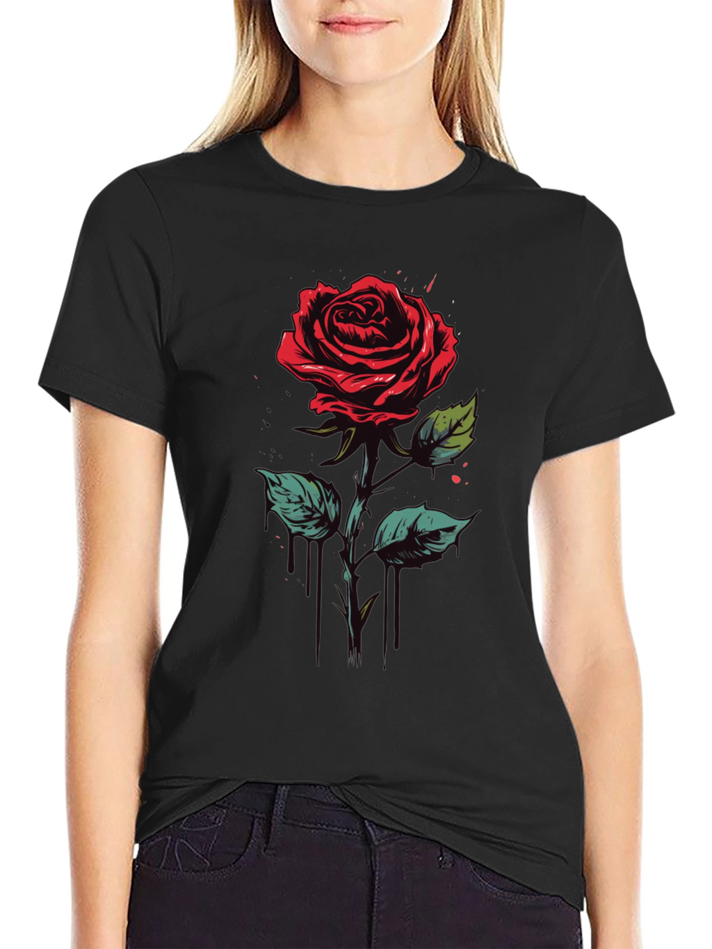 Rose Graphic Tee - Black Cotton Casual Shirt