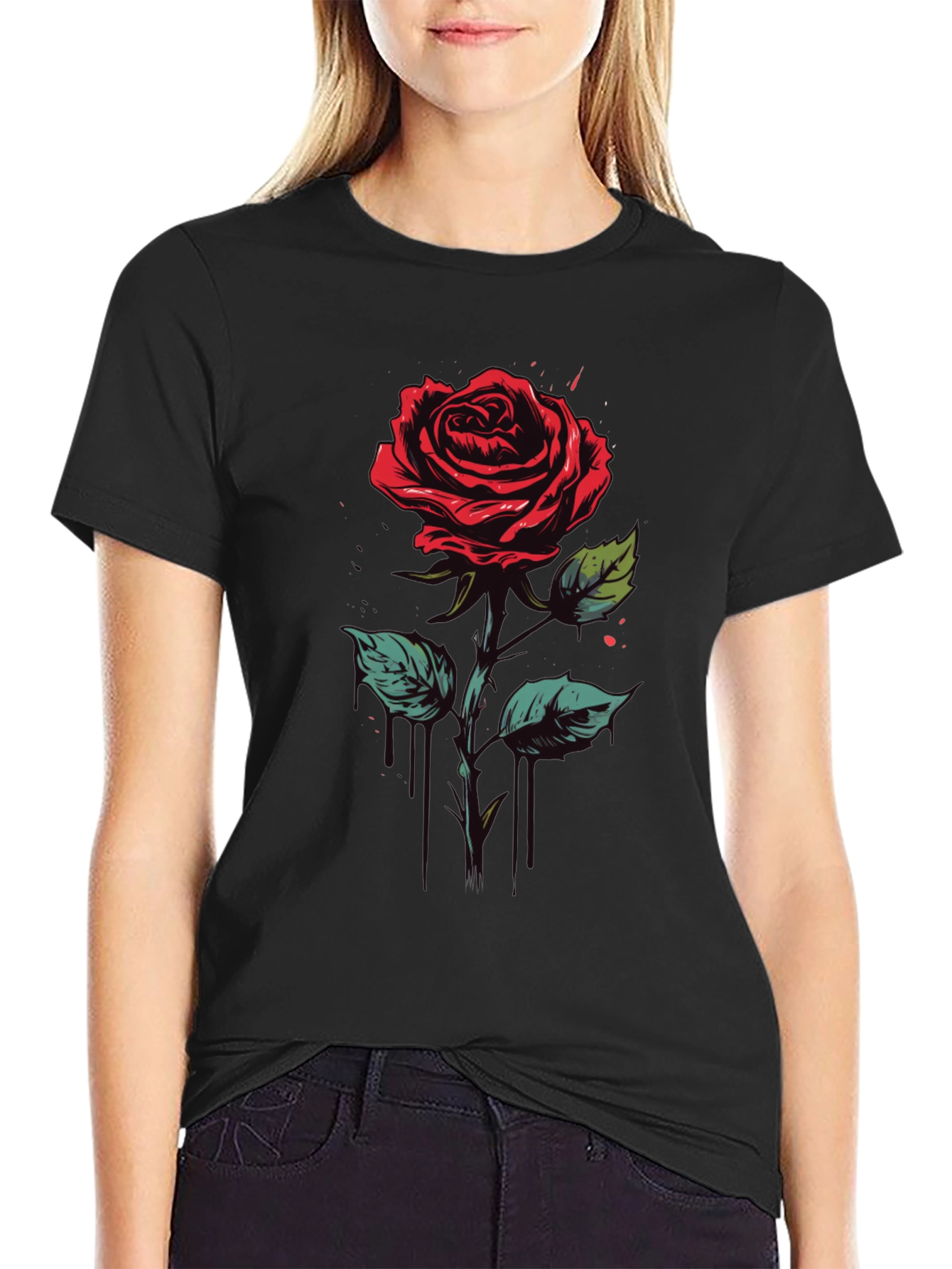 Rose Graphic Tee - Black Cotton Casual Shirt