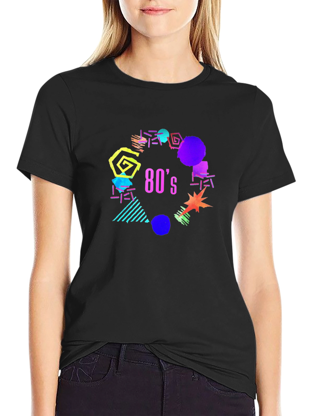 Retro 80s Graphic Tee - Black Cotton T-Shirt