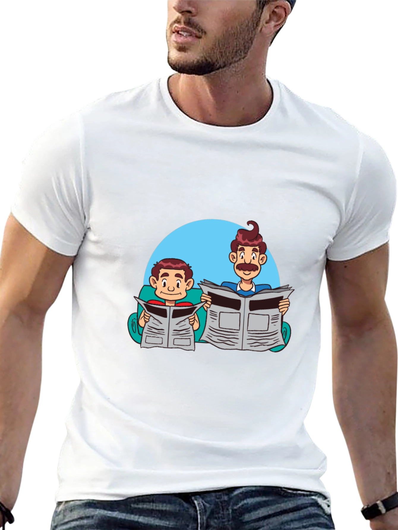 Cartoon Dad and Son Newspaper T-Shirt